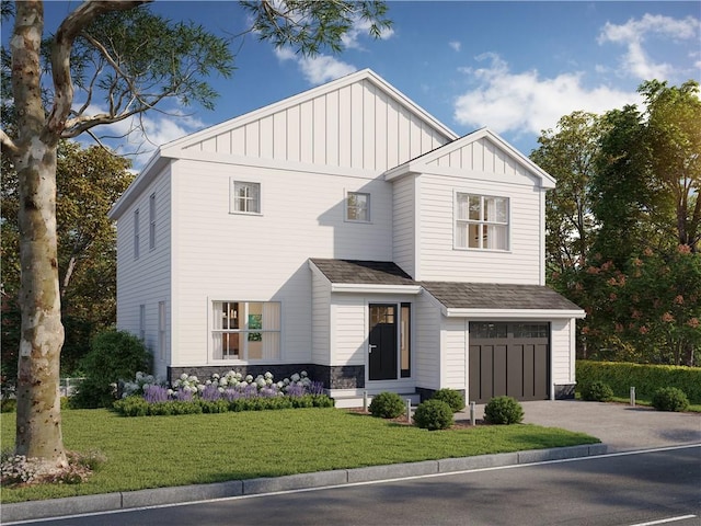 5 Stoneridge Rd, Smithfield, RI 02917 - view of front of home with board and batten siding, asphalt driveway, an attached garage, and a front yard