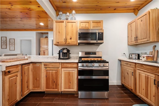 645 Providence St, Woonsocket, RI 02895 - kitchen featuring stainless steel appliances, wooden ceiling, recessed lighting, wood tiled floors, and light stone countertops