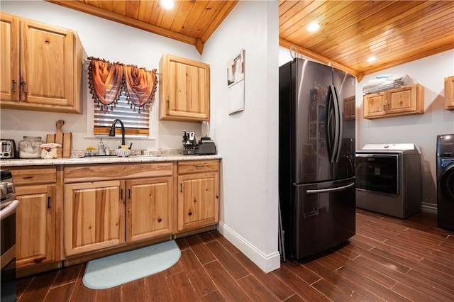 645 Providence St, Woonsocket, RI 02895 - kitchen featuring freestanding refrigerator, separate washer and dryer, wood ceiling, crown molding, and a sink