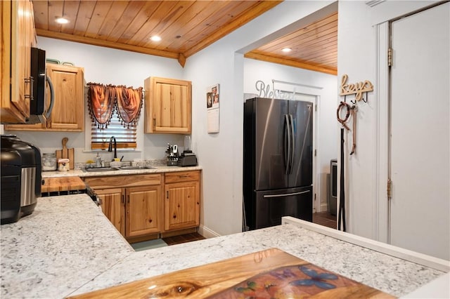 645 Providence St, Woonsocket, RI 02895 - kitchen featuring freestanding refrigerator, wooden ceiling, a sink, recessed lighting, and ornamental molding