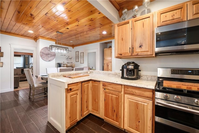 645 Providence St, Woonsocket, RI 02895 - kitchen with appliances with stainless steel finishes, wooden ceiling, a peninsula, ornamental molding, and wood finish floors