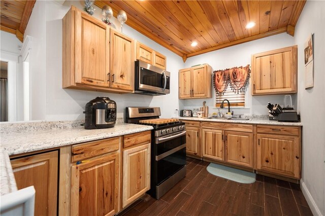 645 Providence St, Woonsocket, RI 02895 - kitchen featuring stainless steel appliances, a sink, wood ceiling, dark wood-style flooring, and recessed lighting