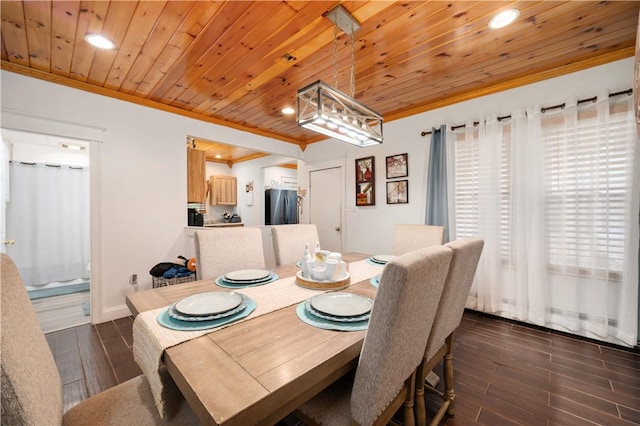 645 Providence St, Woonsocket, RI 02895 - dining space with ornamental molding, recessed lighting, dark wood-style flooring, wooden ceiling, and baseboards