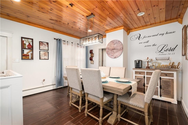 645 Providence St, Woonsocket, RI 02895 - dining room with crown molding, baseboard heating, dark wood-type flooring, wooden ceiling, and recessed lighting