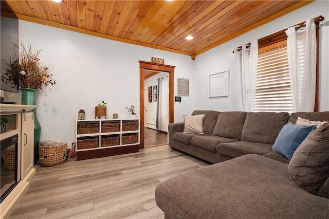 645 Providence St, Woonsocket, RI 02895 - living room featuring ornamental molding, recessed lighting, wood finished floors, a fireplace, and wooden ceiling