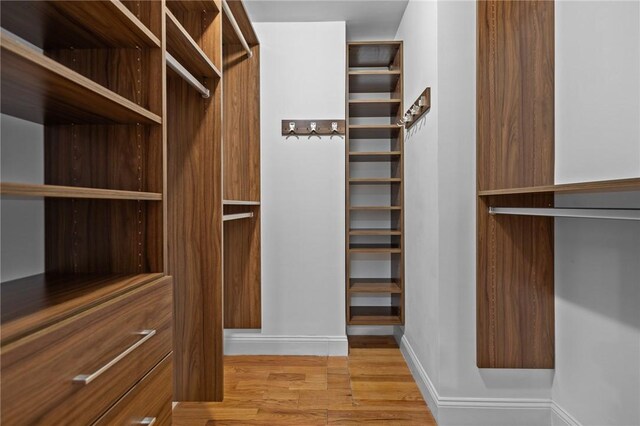 walk in closet with wood finished floors