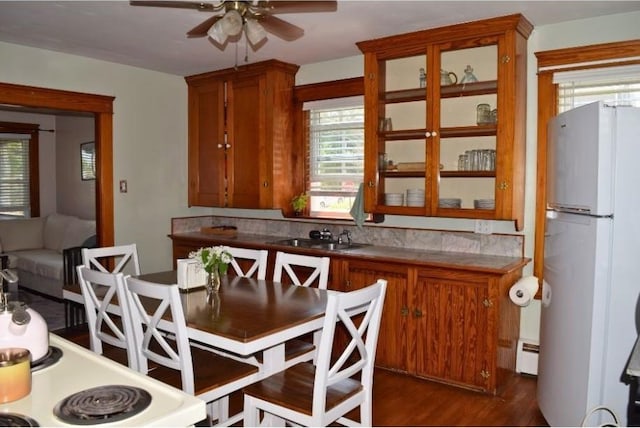 dining space with a baseboard radiator, a ceiling fan, and dark wood-style floors