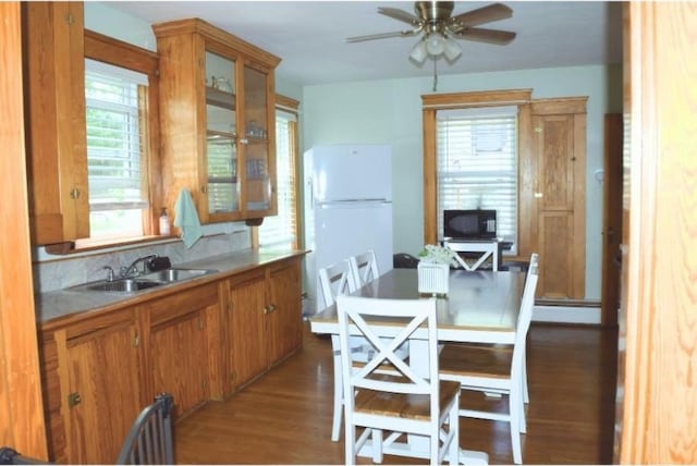 kitchen with freestanding refrigerator, a sink, brown cabinets, ceiling fan, and wood finished floors
