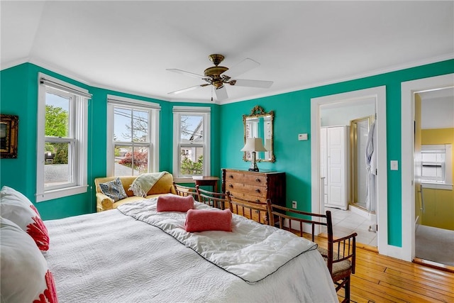 15 Cross St, Newport, RI 02840 - bedroom with hardwood / wood-style flooring, ornamental molding, ceiling fan, and baseboards