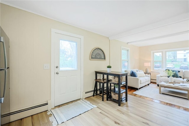 7 Maggio Ave, Westerly, RI 02891 - foyer entrance with a baseboard radiator, wood finished floors, beam ceiling, and a baseboard heating unit