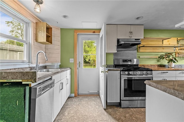 kitchen with stainless steel appliances, under cabinet range hood, a sink, and white cabinets