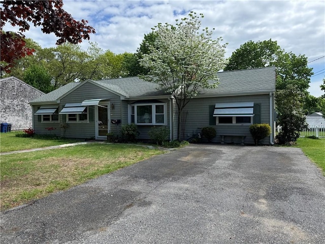 view of front facade with a front lawn, a shingled roof, and driveway