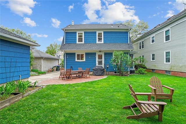 rear view of property featuring a patio, a lawn, central AC unit, and roof with shingles
