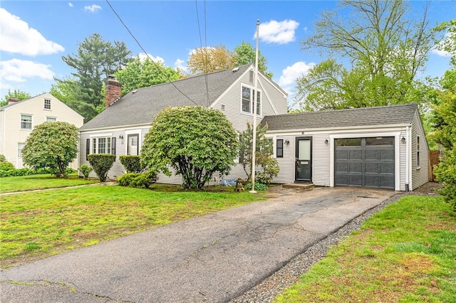 20 Algonquin Rd, East Providence, RI 02916 - view of front of house with a garage, a chimney, a front yard, driveway, and roof with shingles