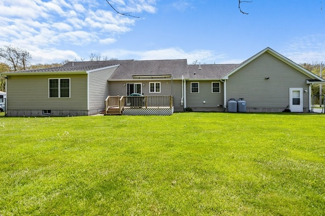 1740 Bulgarmarsh Rd, Tiverton, RI 02878 - rear view of house with a wooden deck, a yard, and a shingled roof