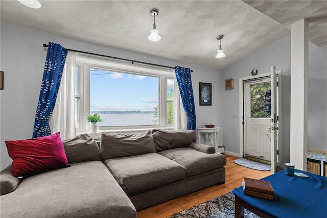 living room featuring healthy amount of natural light, wood finished floors, a water view, baseboards, and lofted ceiling