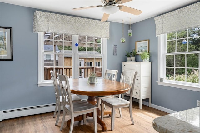 dining room featuring ceiling fan, light wood-style floors, baseboards, and a baseboard heating unit