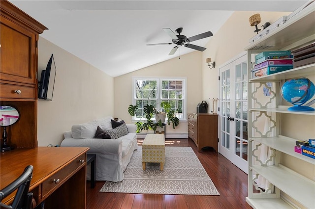 living area featuring french doors, vaulted ceiling, ceiling fan, dark wood-style flooring, and baseboard heating