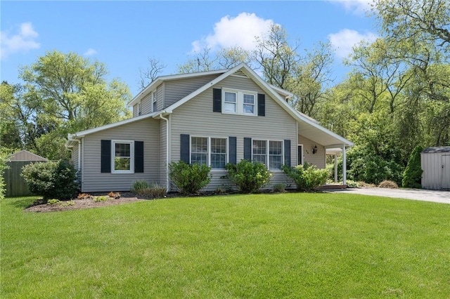 view of property exterior featuring a yard, a storage shed, and an outdoor structure