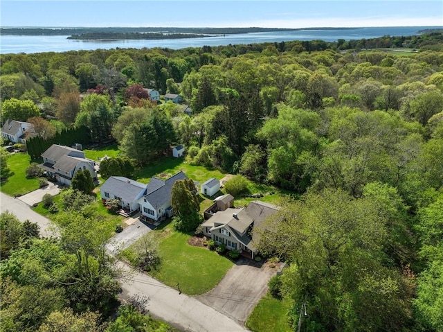 aerial view of residential area with a nearby body of water and a forest