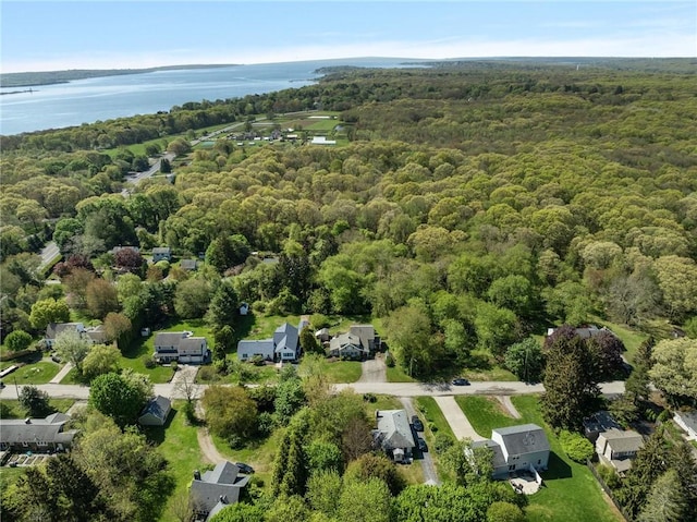 view of property location with a forest and a nearby body of water