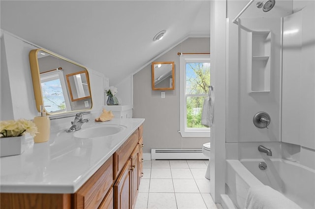 183 Annaquatucket Rd, North Kingstown, RI 02852 - bathroom featuring lofted ceiling, baseboard heating, toilet, plenty of natural light, and shower / washtub combination