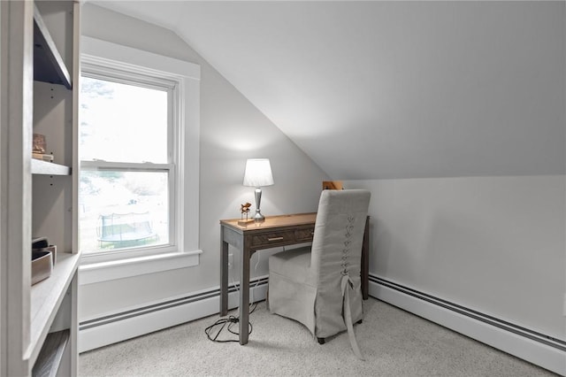 183 Annaquatucket Rd, North Kingstown, RI 02852 - office space with baseboard heating, lofted ceiling, carpet, and healthy amount of natural light