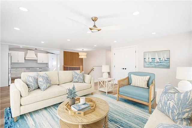 9 Stedman Rd, South Kingstown, RI 02879 - living room with light wood-style flooring, recessed lighting, and a ceiling fan