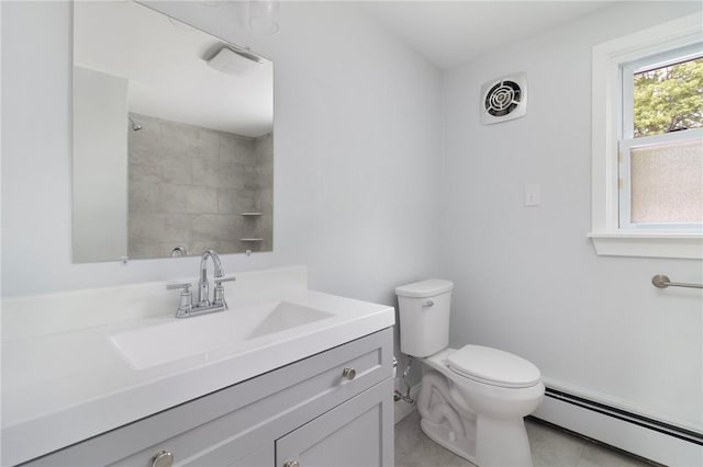 bathroom with a baseboard heating unit, vanity, toilet, tile patterned flooring, and a shower