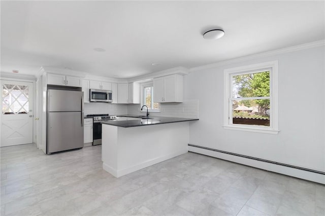 kitchen with appliances with stainless steel finishes, a sink, a peninsula, dark countertops, and white cabinetry