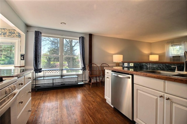 kitchen with appliances with stainless steel finishes, a sink, dark countertops, and healthy amount of natural light