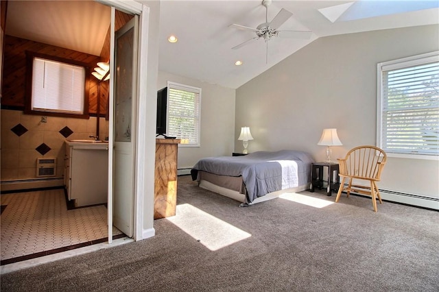 bedroom featuring carpet, vaulted ceiling, a baseboard radiator, baseboards, and recessed lighting