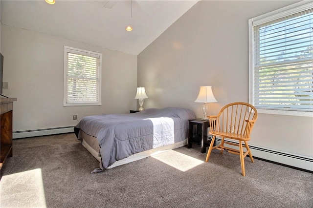 bedroom featuring a baseboard heating unit, carpet floors, vaulted ceiling, and recessed lighting
