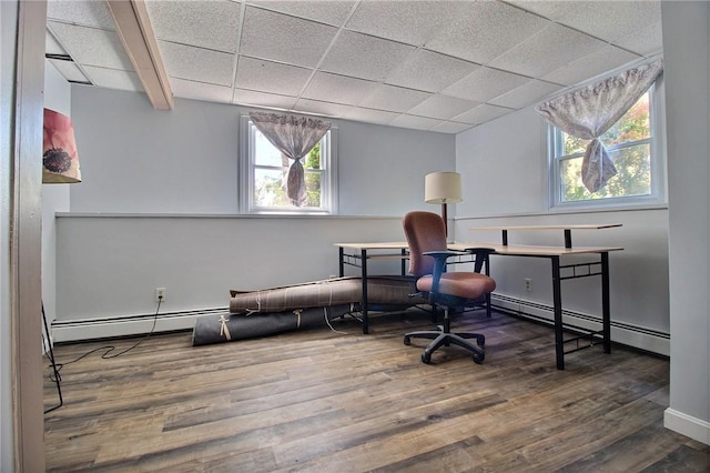 home office featuring wood finished floors and a baseboard radiator