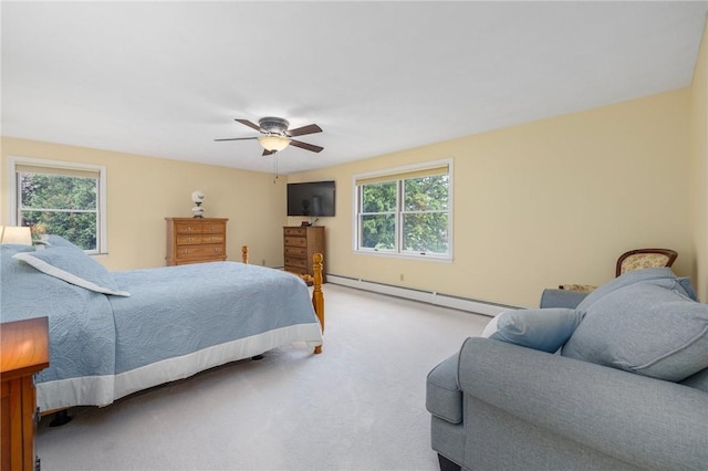 831 N Quidnessett Rd, North Kingstown, RI 02852 - bedroom featuring baseboard heating, carpet, multiple windows, and a ceiling fan