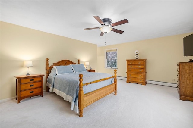 831 N Quidnessett Rd, North Kingstown, RI 02852 - bedroom featuring baseboard heating, light colored carpet, baseboards, and ceiling fan