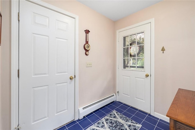 831 N Quidnessett Rd, North Kingstown, RI 02852 - doorway with baseboard heating, dark tile patterned flooring, and baseboards