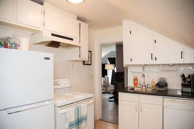 16 Gough Ave, West Warwick, RI 02893 - kitchen featuring white appliances, under cabinet range hood, a sink, backsplash, and white cabinets