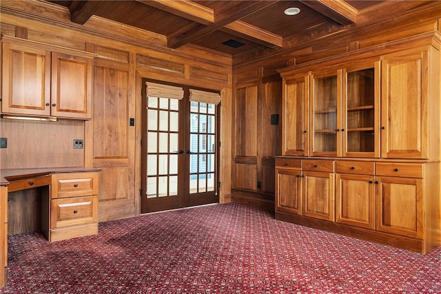 38 Miss Fry Dr, East Greenwich, RI 02818 - unfurnished office with wooden walls, wooden ceiling, beamed ceiling, carpet flooring, and coffered ceiling