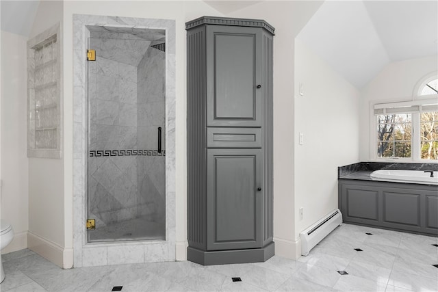 38 Miss Fry Dr, East Greenwich, RI 02818 - bathroom featuring a baseboard heating unit, baseboards, marble finish floors, a stall shower, and vaulted ceiling