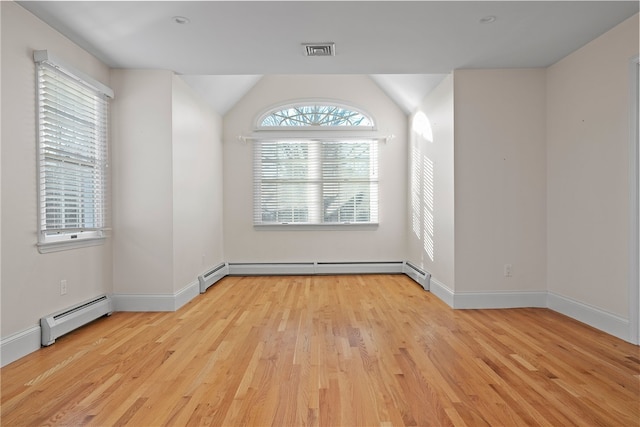 38 Miss Fry Dr, East Greenwich, RI 02818 - unfurnished room with a baseboard heating unit, light wood finished floors, baseboards, and vaulted ceiling