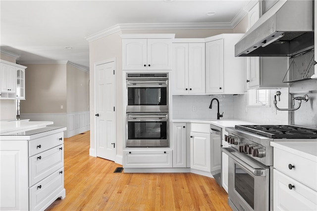38 Miss Fry Dr, East Greenwich, RI 02818 - kitchen featuring under cabinet range hood, appliances with stainless steel finishes, a sink, crown molding, and white cabinets