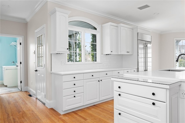 38 Miss Fry Dr, East Greenwich, RI 02818 - kitchen with a sink, built in refrigerator, tasteful backsplash, light wood-style floors, and crown molding