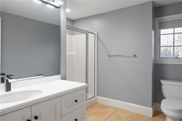 38 Miss Fry Dr, East Greenwich, RI 02818 - full bathroom featuring a shower stall, toilet, tile patterned floors, vanity, and baseboards