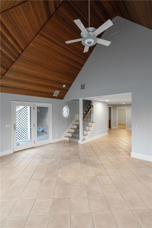 38 Miss Fry Dr, East Greenwich, RI 02818 - unfurnished living room featuring high vaulted ceiling, wood ceiling, baseboards, a ceiling fan, and stairway