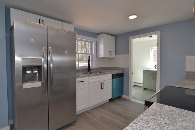 115 Sherman Farm Rd, Burrillville, RI 02830 - kitchen with stainless steel refrigerator with ice dispenser, dishwashing machine, a sink, baseboard heating, and white cabinets