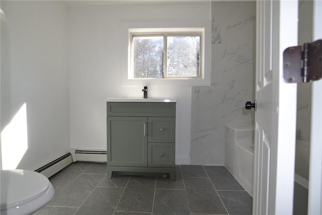 115 Sherman Farm Rd, Burrillville, RI 02830 - full bath with a baseboard heating unit, vanity, toilet, and shower / bathtub combination