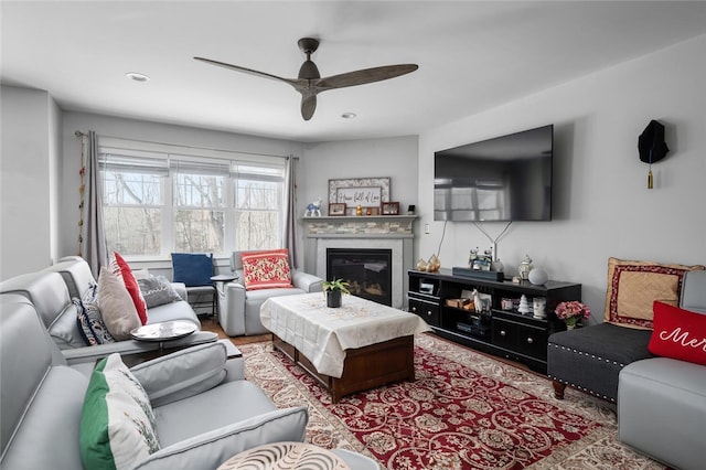 724 Centerville Rd Unit 6, Warwick, RI 02886 - living area with a ceiling fan, a glass covered fireplace, wood finished floors, and recessed lighting