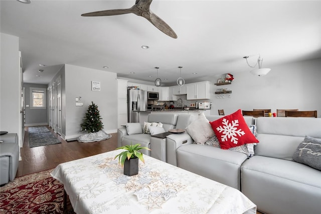 724 Centerville Rd Unit 6, Warwick, RI 02886 - living room with recessed lighting, dark wood finished floors, a ceiling fan, and baseboards