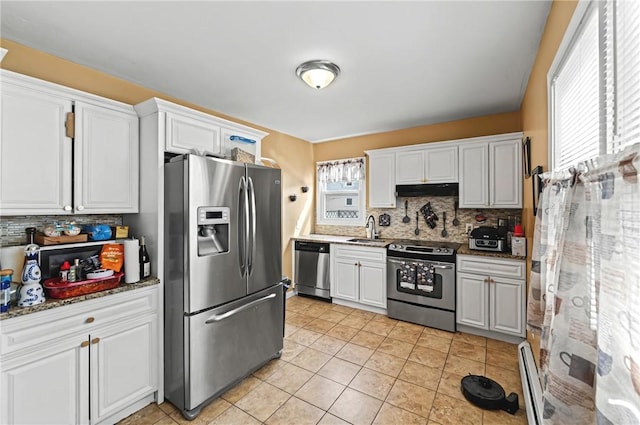 176 Warwick Ave, Cranston, RI 02905 - kitchen featuring stainless steel appliances, a sink, tasteful backsplash, and white cabinetry
